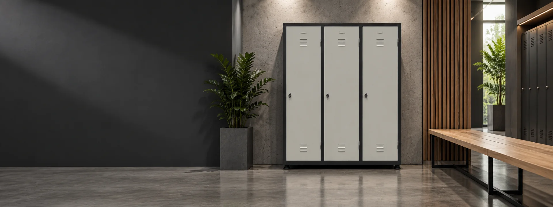 Ofisofa çelik dolaplarla düzenlenmiş modern personel alanı